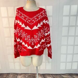 Express NWT Red White Aztec Crew Neck Cotton Blend Pullover Sweater Medium